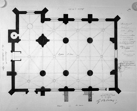 Plan de l'église dressé à l'occasion de travaux de consolidation, signé et daté A.Garnereau, le 1er mai 1860. (A.C. Fontenay-le-Comte, 2 M 2).