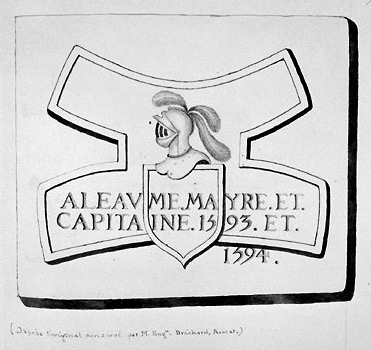 Pierre sculptée surmontant autrefois la porte des Loges (ou de la Poissonnerie), détruite en 1805. Dessin extrait des 'Archives Historiques' de Benjamin Fillon, 1866-1872. A.C. Fontenay-le-Comte, 1 II 3, p. 103.