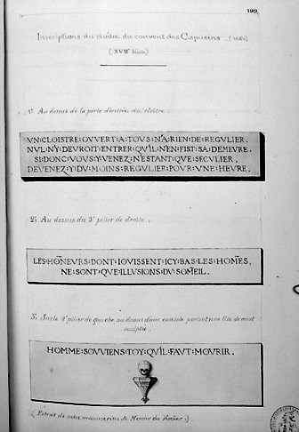 'Inscriptions du cloître du couvent des Capucins', extraites des 'Archives Historiques' de Benjamin Fillon, 1866-1872. (A.C. Fontenay-le-Comte, 1 II 4, p 199).