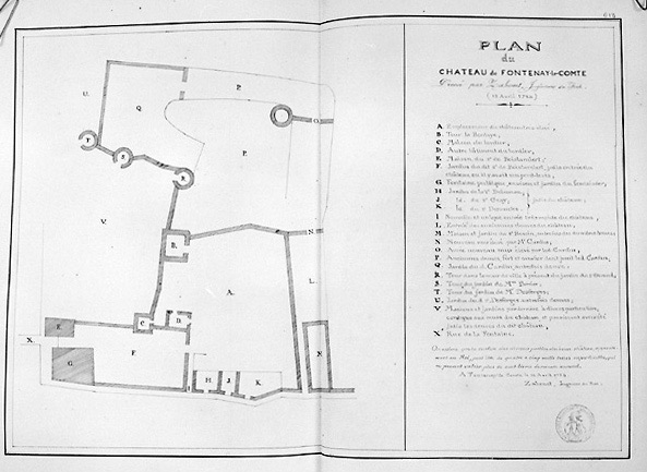 'Plan du château de Fontenay-le-Comte dressé par Zahouët, ingénieur du roi (13 avril 1784)'. Copie extraite des 'Archives Historiques' de Benjamin Fillon, 1866-1872. (A.C. Fontenay-le-Comte, 1 II 5, p 613).