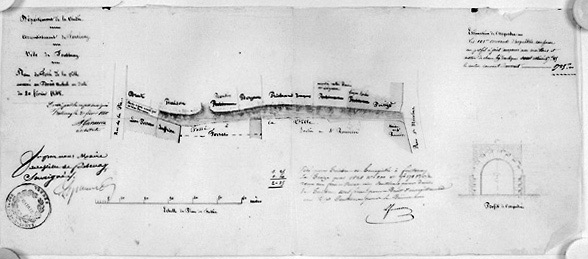 Plan du fossé de la ville entre la rue de la Pie et la rue Saint-Nicolas et profil de l'acqueduc, signé et daté A.Garnereau, le 20 février 1848. (A.C. Fontenay-le-Comte, 1 M 15).