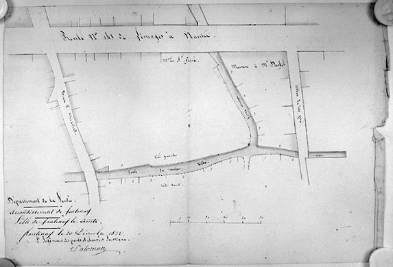 Plan du fossé de la ville entre la rue de la Pie et la rue Saint-Nicolas, signé et daté Salomon, ingénieur des Ponts et Chaussées, le 20 décembre 1832. (A.C. Fontenay-le-Comte, 1 M 15).