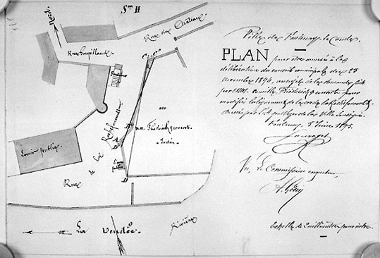 Plan au 1/500e dressé par Sauvaget, le 5 juin 1895, à l'occasion d'une demande de modification de l'alignement de la rue de la Rochefoucauld.