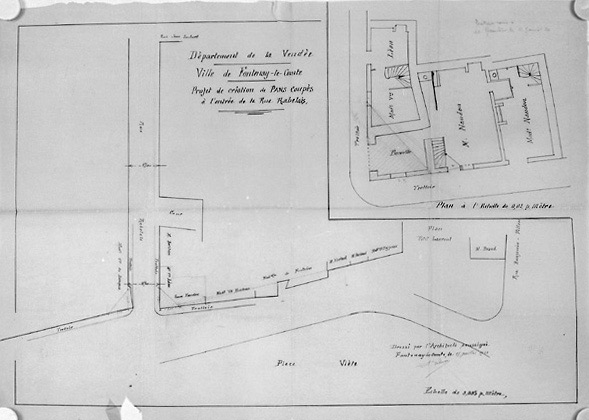 'Projet de création de pans coupés à l'entrée de la rue Rabelais' par A.Filuzeau, le 15 juillet 1923. (A.C. Fontenay-le-Comte, 2 O 1).