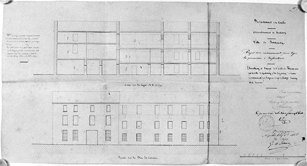 'Projet d'un casernement pour loger la garnison d'Infanterie' (à l'ancien hôtel du Pélican). Elévation sur rue et coupe sur AB, au 1/100e, signées et datées A. Garnereau, rue Kléber, le 6 juillet 1862.