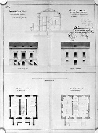 'Plans, coupe et élévations d'un bâtiment destiné à l'aumonier à l'école primaire annexée au collège'. Document au 1/100e signé et daté A. Garnereau, le 8 novembre 1845.