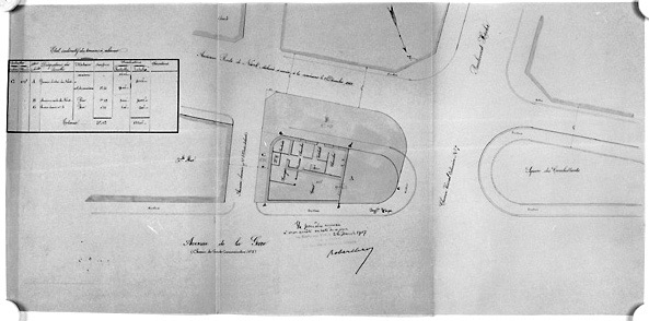 Plan du bureau d'octroi de la barrière de Niort et de ses abords, dressé le 22 novembre 1907, en vue de son aliénation. (A.D. Vendée, 1 O 307).