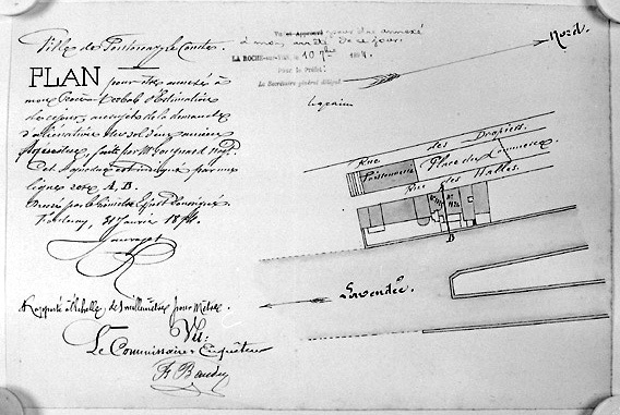 Plan au 1/200e des propriétés situées entre la rue des Drapiers et la Vendée, dressé par Sauvaget, le 31 janvier 1894, à l'occasion de la demande d'aliènation du sol de l'ancien acqueduc. (A.D. Vendée, 1 O 315).