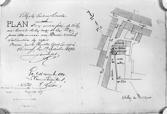 'Plan d'un ancien fossé de ville au levant de la rue de la Pie', dressé par Sauvaget, le 13 septembre 1894. (A.D. Vendée, 1 O 315).