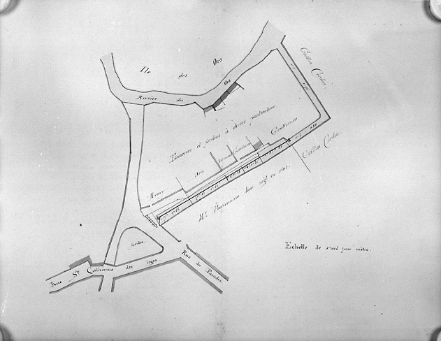 Plan au 1/500e du quartier des tanneries et d'un ancien fossé de la ville, dressé le 18 janvier 1872, en vue de l'aliénation du fossé. (A.D. Vendée, 1 O 315).