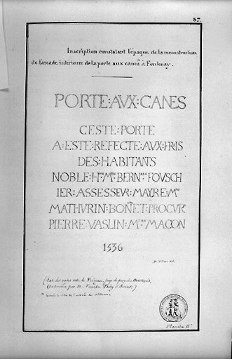 'Inscription constatant l'époque de la reconstruction de l'arcade intérieure de la porte aux canes à Fontenay'. Dessin extrait des 'Archives Historiques' de Benjamin Fillon, 1866-1872.