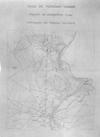Topographie des terrains aquifères. Plan au 1/10000e par Arsène Charier en 1868. Document extrait des 'Archives Historiques' de Benjamin Fillon, 1866-1872.