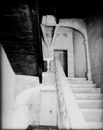 Vue de l'escalier prise de la porte de la façade postérieure.