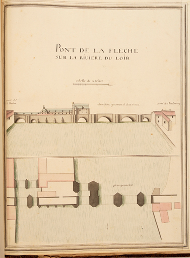 'Desseins des plans et élévations des ponts situez sur la rivière de Loire et autres adiacentes...', Pl. 58, 'Pont de la Flèche sur la rivière du Loir, élévation géométral d'avaleau, plan géométral'.