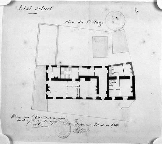 Plan du premier étage de la 'maison Brisson', au 1/200e, signé et daté A.Charier, le 18 juillet 1873 (A.C. Fontenay-le-Comte, 2 O 7).