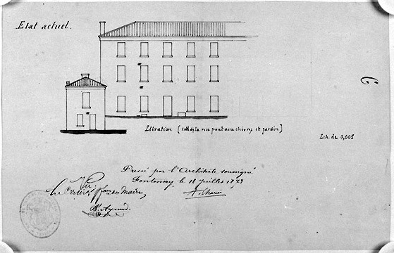 Elévation de la façade rue Pont-aux-Chèvres, au 1/200e, signée et datée A.Charier, le 18 juillet 1873 (A.C. Fontenay-le-Comte, 2 O 7).