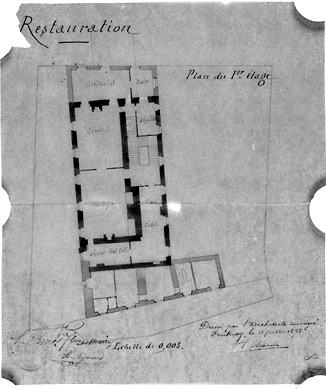 Projet d'aménagement de la 'maison Brisson' en hôtel de ville : plan du premier étage, au 1/200e, signé et daté A.Charier, le 18 juillet 1873 (A.C. Fontenay-le-Comte, 2 O 7).