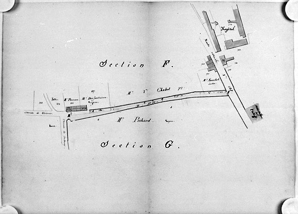 Plan au 1/100e de la portion du chemin de Grissais menant à la fausse barrière, en vue de son aliénation par la ville, dressé par l'agent-voyer le 19 septembre 1872 (A.C. Fontenay-le-Comte, 2 O 7).