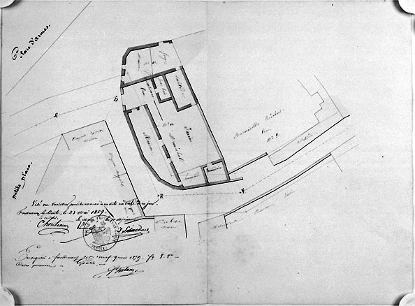 Plan d'alignement au 1/200e d'une partie de la rue du Bédouard (actuels n° 1, 3 et 5) par Perrier, agent-voyer, le 10 mai 1859 (A.C. Fontenay-le-Comte, 2 O 7).