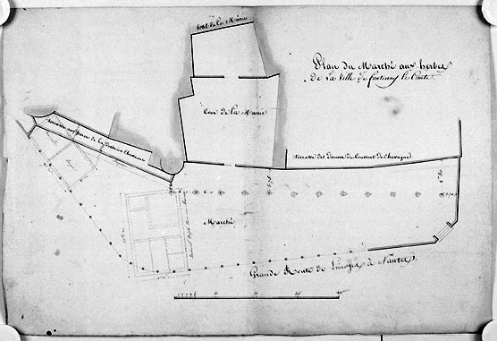 'Plan du marché aux herbes' par Babin, vers 1828. Noter, en pointillé, le tracé d'un hôtel de ville et d'une maison de bienfaisance (A.C. Fontenay-le-Comte, 3 M 1).