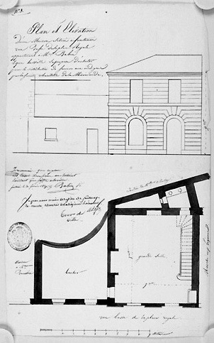 'Plan et élévation d'une maison située à Fontenay rue Basse de la place Royale [marché aux Herbes] appartenant à Mr Babin et que la ville se propose d'acheter pour la distribution de secours aux indigents', signé et daté Babin, le 20 février 1829 (A.C. Fontenay-le-Comte, 3 M 1).