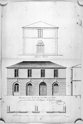 Elévations du 'bâtiment projeté pour la Miséricorde et le magasin de la pompe' sur le marché aux Herbes, par Babin en 1828.