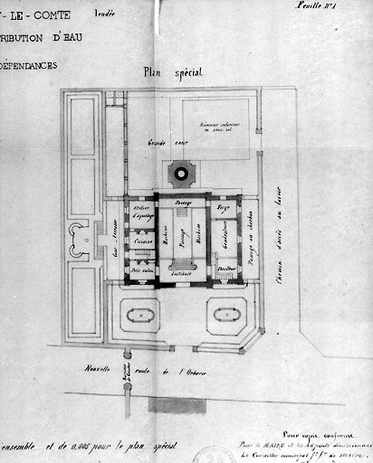 Usine et dépendances : plan au 1/200e, signé et daté Arsène Charier, le 27 octobre 1868. (A.C. Fontenay-le-Comte, 2 N 1).