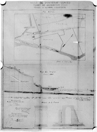 'Projet de distribution d'eau. Pierrée ou aqueduc collecteur. Plan général, coupe des terrains et détails de la pierrée', signés et datés Arsène Charier, le 26 janvier 1868. (A.C. Fontenay-le-Comte, 2 N 1).
