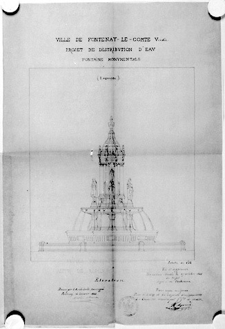 Fontaine monumentale : élévation au 1/50e, signée et datée Arsène Charier, le 26 janvier 1868 (A.C. Fontenay-le-Comte, 2 N 1).