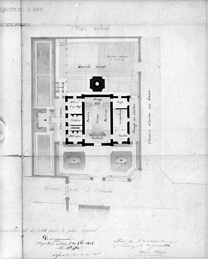 Usine et dépendances : plan au 1/200e, signé et daté Arsène Charier, le 26 janvier 1868. (A.C. Fontenay-le-Comte, 2 N 1).