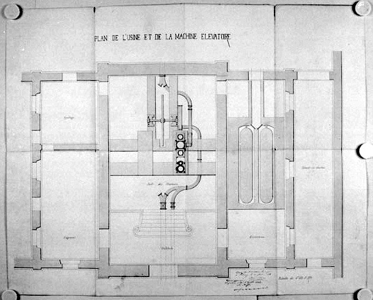 'Plan de l'usine et de la machine élévatoire' au 1/33, signé et daté Arsène Charier le 26 janvier 1868 (A.C. Fontenay-le-Comte, 2 N 1).