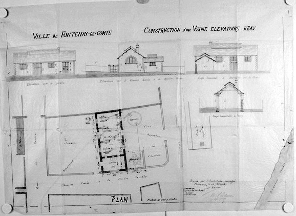 'Construction d'une usine élévatoire d'eau'. Plan, coupes et élévations au 1/100e, signés et datés A.Filuzeau, le 15 septembre 1903. (A.C. Fontenay-le-Comte, 2 N 2).