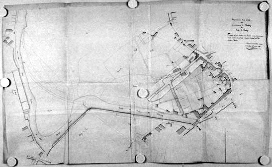 'Plan de deux nouvelles voies projetées servant à communiquer du quai projeté sur la rive droite à l'aval du Pont Neuf à la rue du Puits St Martin', signé et daté A. Garnereau, le 9 mai 1849. Photo sans retombe.