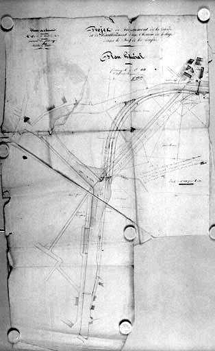 'Projet de redressement de la rivière et de l'établissement d'un chemin de halage dans le bief de la Longève'. Plan général au 1/1000e, signé et daté de Ritter, le 29 octobre 1843 (A.C. Fontenay-le-Comte, 6 O 2).