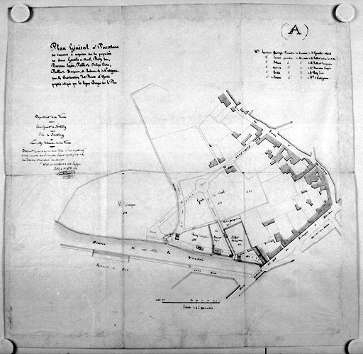 Plan au 1/1000e des terrains à acquérir pour la construction des rues et quai projetés le long de la Vendée et en direction de la rue du Puits-St-Martin, signé et daté A.Garnereau, le 1er décembre 1850 (A.C. Fontenay-le-Comte, 6 O 2).