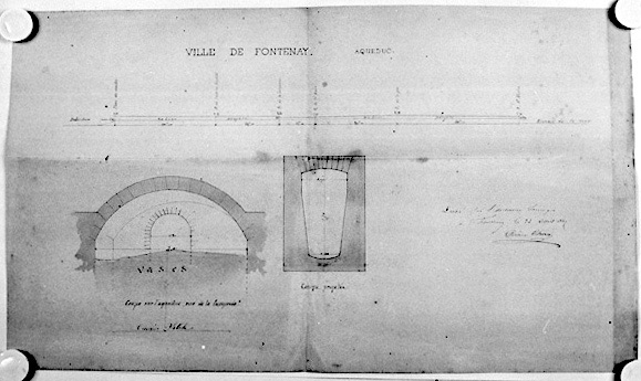 Tracé et coupe de l'aqueduc allant de la rue St-Nicolas à la place du Mouton, signé et daté Arsène Charier, le 24 avril 1867 (A.C. Fontenay-le-Comte, 6 O 3).