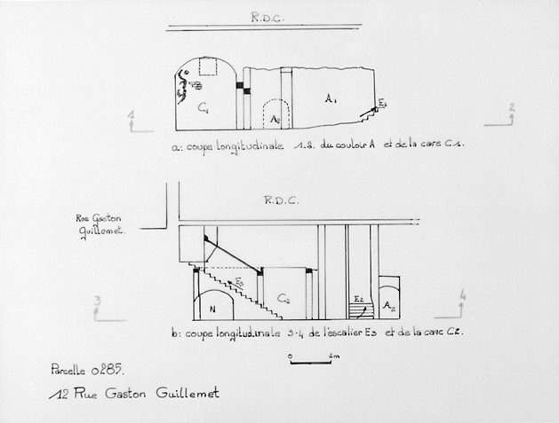 Coupes du sous-sol du 12, rue Gaston-Guillemet, au 1/100e, par Géraldine Métayer, en 1995.