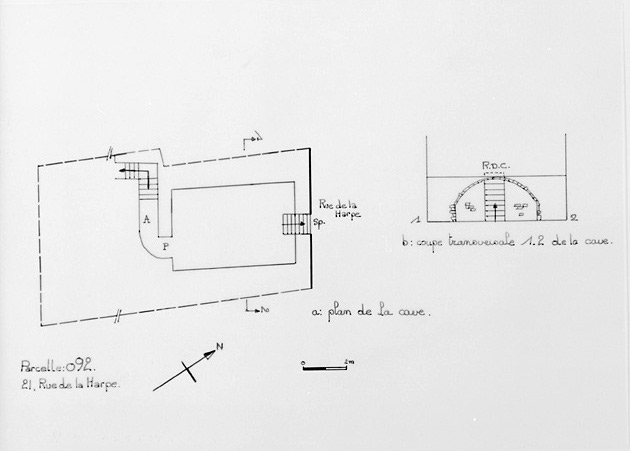 Plan et coupe du sous-sol du 21, rue de la Harpe, au 1/100e, par Géraldine Métayer, en 1995.