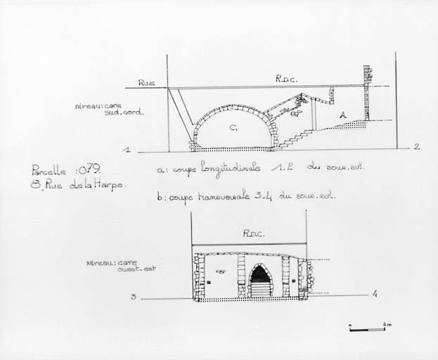 Coupes du sous-sol du 8, rue de la Harpe, au 1/100e, par Géraldine Métayer, en 1995.