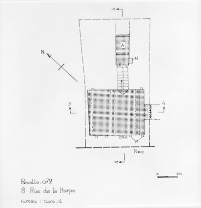 Plan du sous-sol du 8, rue de la Harpe, au 1/100e, par Géraldine Métayer, en 1995.