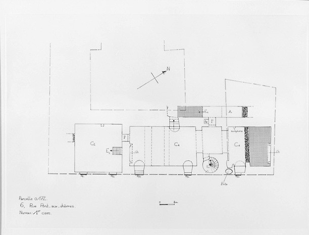 Plan du premier niveau de sous-sol, au 1/100e, par Géraldine Métayer, en 1996.