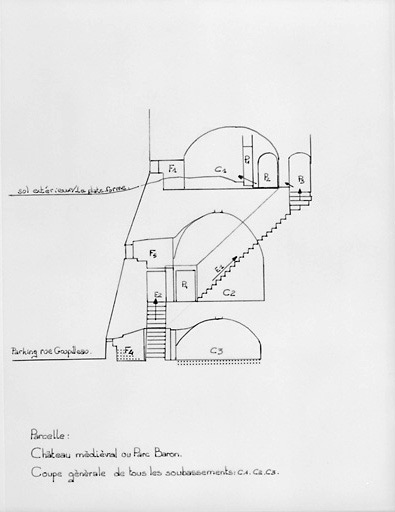 Bâtiment qualifié de 'ruiné' sur le plan Masse, en 1720 (lettre D) : coupe des trois niveaux de soubassement, au 1/100e, par Géraldine Métayer, en 1996.