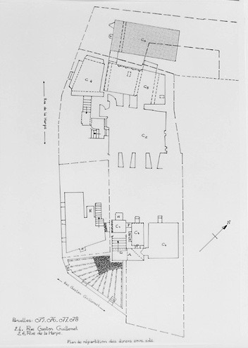 Plan des sous-sols de l'ensemble de l'hôtel reconstitué, au 1/100e, par Géraldine Métayer, en 1995.