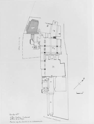 Plan du rez-de-chaussée (niveau rue Gaston-Guillemet) au 1/100e, par Géraldine Métayer, en 1995.