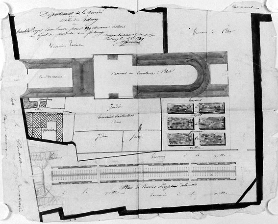 Premier projet d'écuries pour 192 chevaux : plan au 1/500e signé et daté A.Garnereau, le 15 octobre 1839.