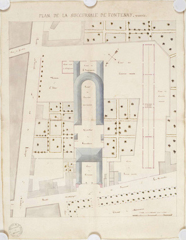 Plan d'ensemble de la caserne avec les nouvelles écuries, au 1/500e, n.s., n.d. [milieu XIXe].