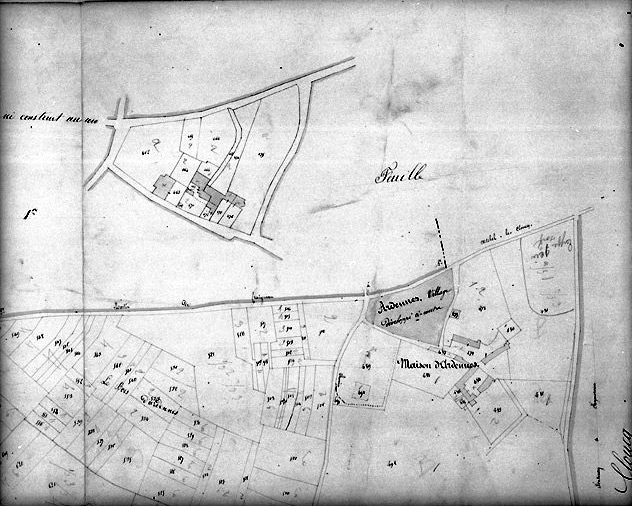 Commune de Charzais, rattachée à la commune de Fontenay-le-Comte en 1967. Plan cadastral de 1843, section B2 au 1/2000e, détail de la maison d'Ardennes et du village d'Ardennes, au 1/1000e.