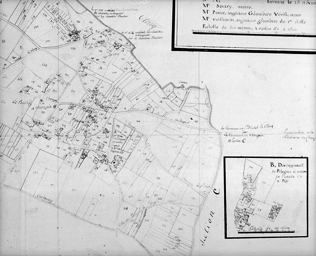 Commune de Charzais, rattachée à la commune de Fontenay-le-Comte en 1967. Plan cadastral de 1810, section A au 1/2500e, détail du bourg de Charzais.