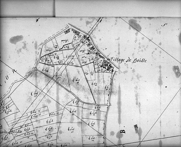 Commune de Saint-Médard-des-Prés, rattachée à la commune de Fontenay-le-Comte en 1972. Plan cadastral de 1810, section A2 dite du Martrais au 1/2500e, détail du village de Boisse.