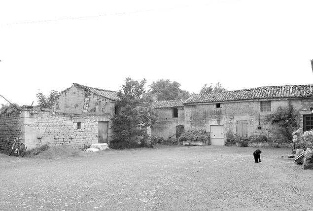 Bâtiments autour de la cour arrière des 25 et 27 rue du Gué-Migné, au hameau de la Folie. Vue prise du nord.